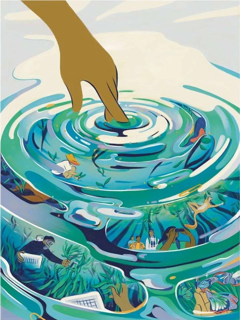 Illustration of a hand touching the surface of water, creating ripples that contain scenes of people working in nature.