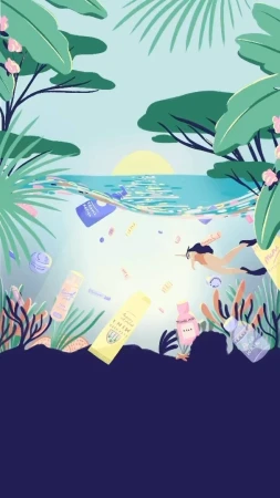 Artistic illustration of a woman snorkeling in water filled with floating skincare and beauty products near a dark seabed.