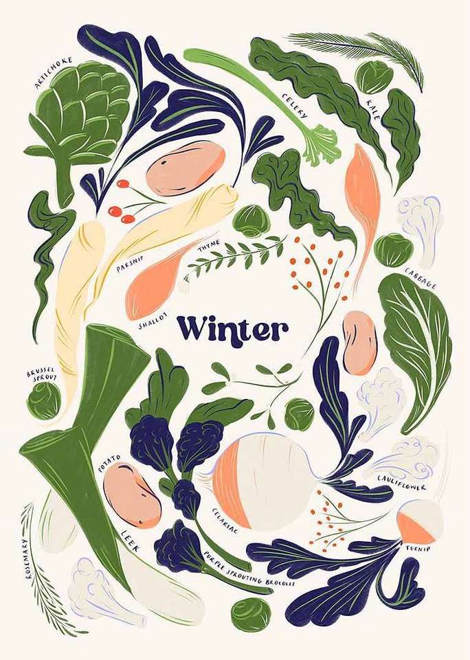 Illustration of winter vegetables, including artichoke, celery, kale, cabbage, Brussels sprouts, potato, and turnip, against an off-white background.
