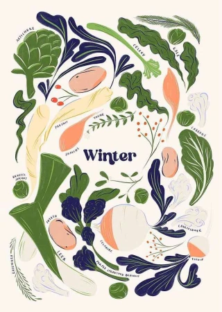 Illustration of winter vegetables, including artichoke, celery, kale, cabbage, Brussels sprouts, potato, and turnip, against an off-white background.