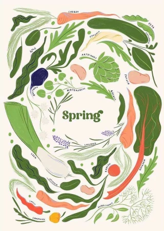 Whimsical food illustration featuring a variety of colorful spring vegetables, herbs, and the text 'Spring' in a light, airy design.