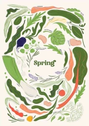 Spring seasonal vegetable and herb botanical illustration featuring leeks, carrots, and artichoke by Jasmine Hortop.