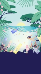 Illustration of a diver swimming underwater amongst floating skincare bottles and tropical foliage by Jasmine Hortop