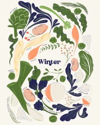 Winter botanical illustration by Jasmine Hortop featuring hand-drawn vegetables and plants against a cream background.