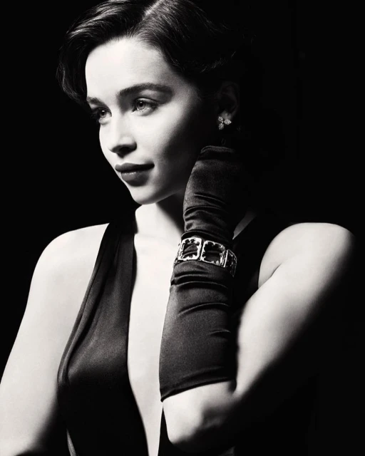 Portrait of a woman with dark hair wearing an elegant sleeveless dress, long gloves, and a bracelet, posing against a black backdrop.