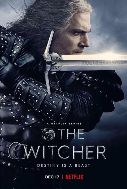 Poster of The Witcher on Netflix featuring Geralt with his sword. A male with long white hair is in black studded leather armor.