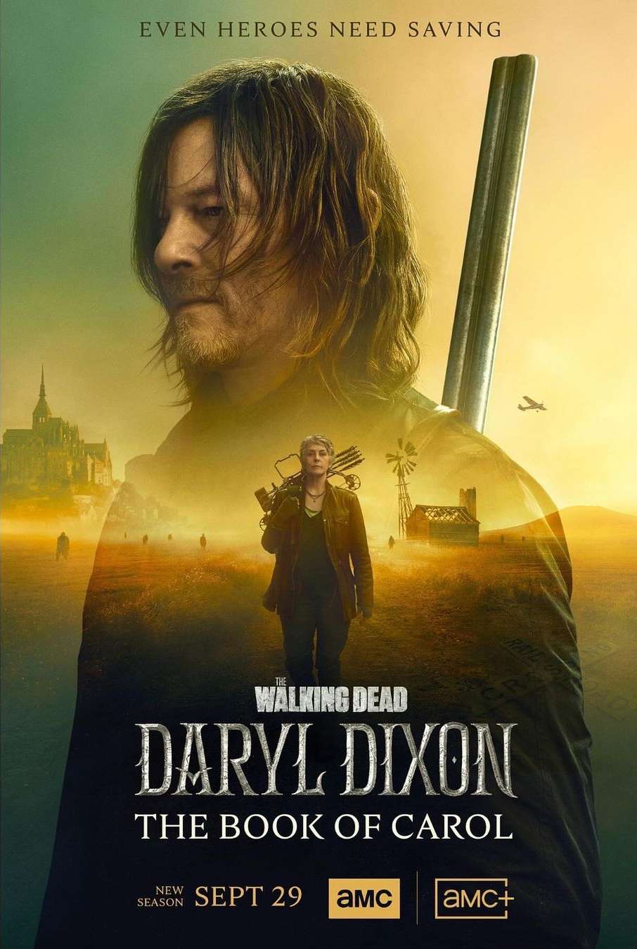 Poster for 'The Walking Dead: Daryl Dixon - The Book of Carol' shows two figures in a desolate landscape with warm, desaturated colors.