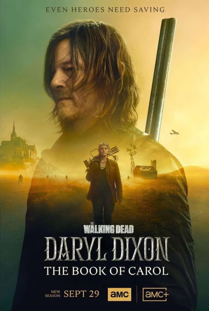Poster for 'The Walking Dead: Daryl Dixon - The Book of Carol' shows two figures in a desolate landscape with warm, desaturated colors.