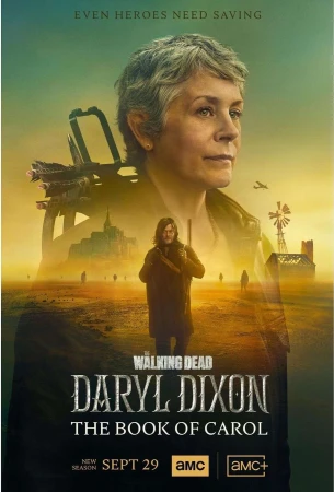 Movie poster featuring Carol Peletier from The Walking Dead: Daryl Dixon - The Book of Carol. Carol has short grey hair and is looking to the right.