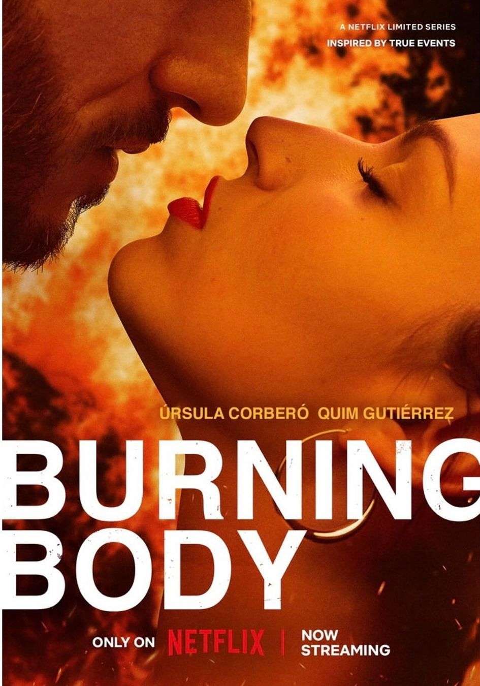Movie poster featuring a close-up of two people, one male and one female, with bright red lipstick against a warm, fiery background.