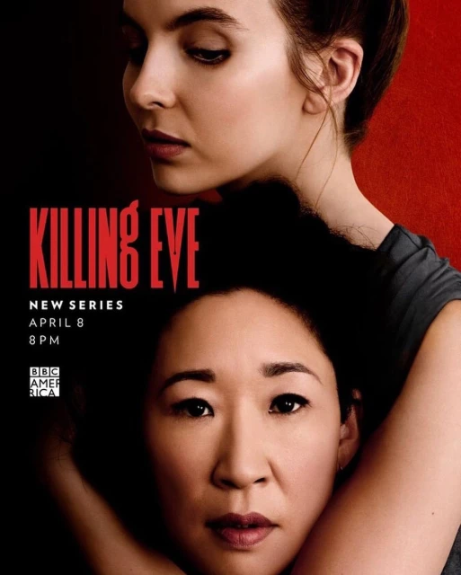Promotional poster for the series Killing Eve features the faces of two adult women, one above the other, in front of a red background.