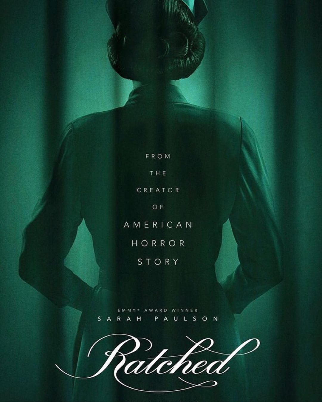 Poster of the TV series Ratched, featuring an unidentifiable nurse with a vintage hairstyle and nurse hat, against a green background.