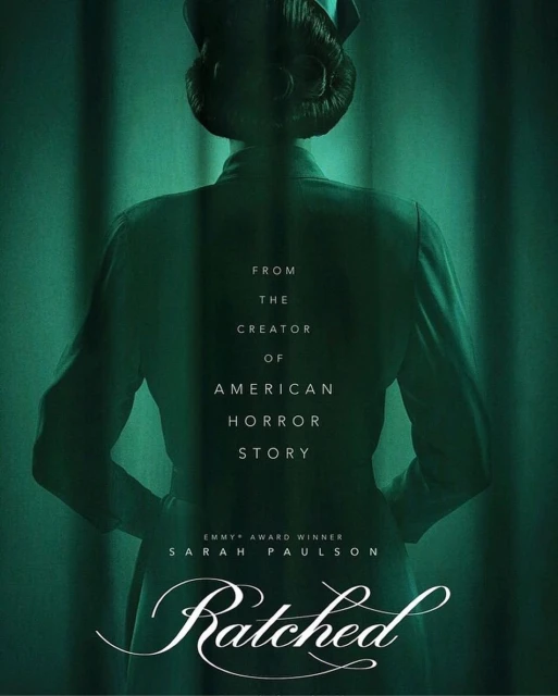 Poster of the TV series Ratched, featuring an unidentifiable nurse with a vintage hairstyle and nurse hat, against a green background.