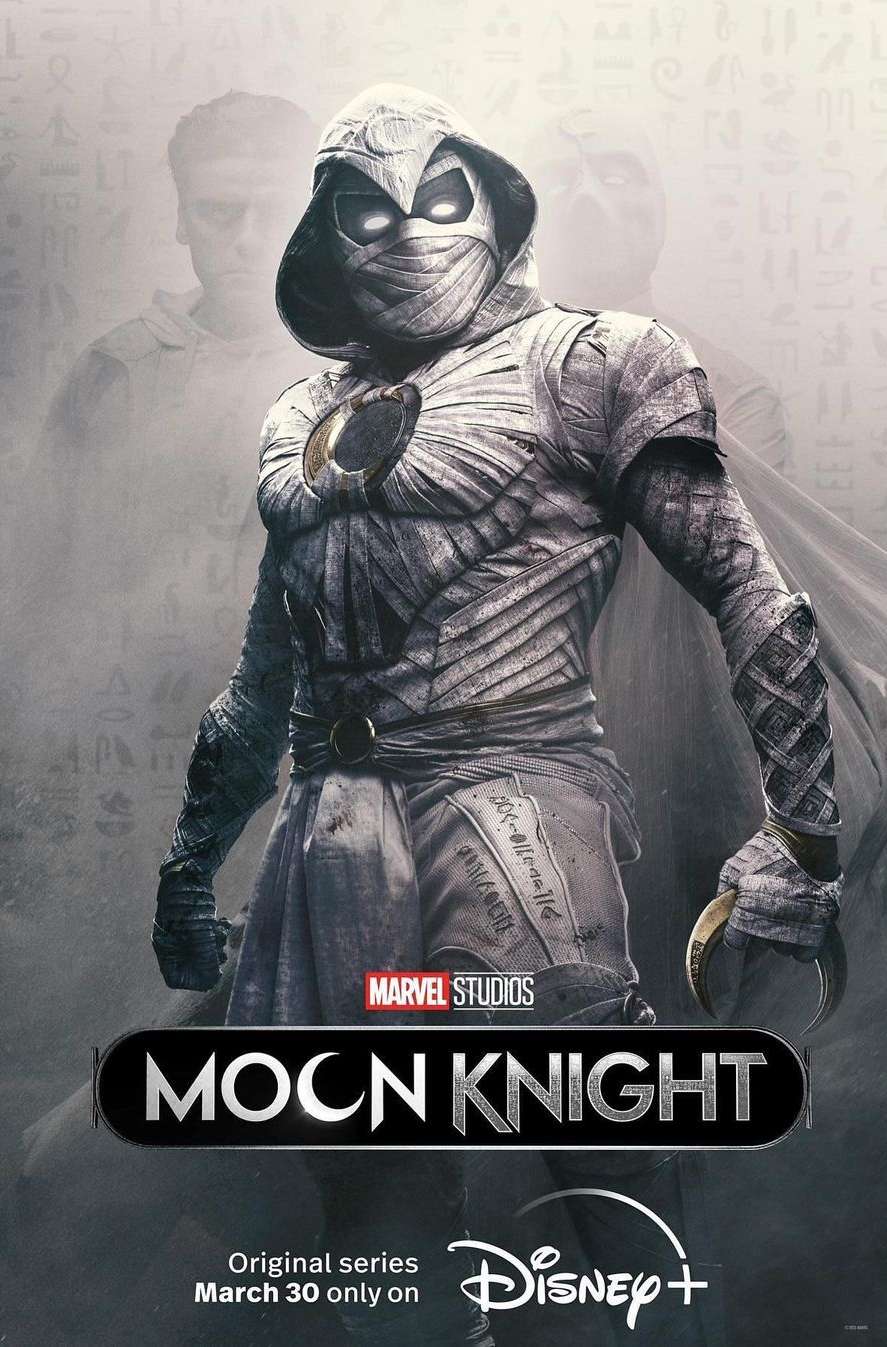 Poster for Moon Knight, a Marvel Studios original series on Disney+. A hero is costumed in white and silver armour, with a mask and hood.