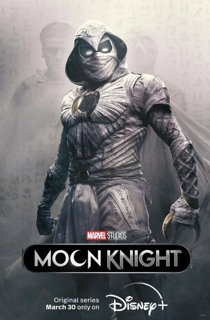 Poster for Moon Knight, a Marvel Studios original series on Disney+. A hero is costumed in white and silver armour, with a mask and hood.