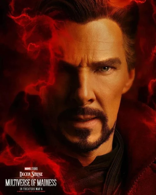 Close-up portrait of Benedict Cumberbatch as Doctor Strange, with a goatee, in front of a reddish, smoke-like background. Movie poster.