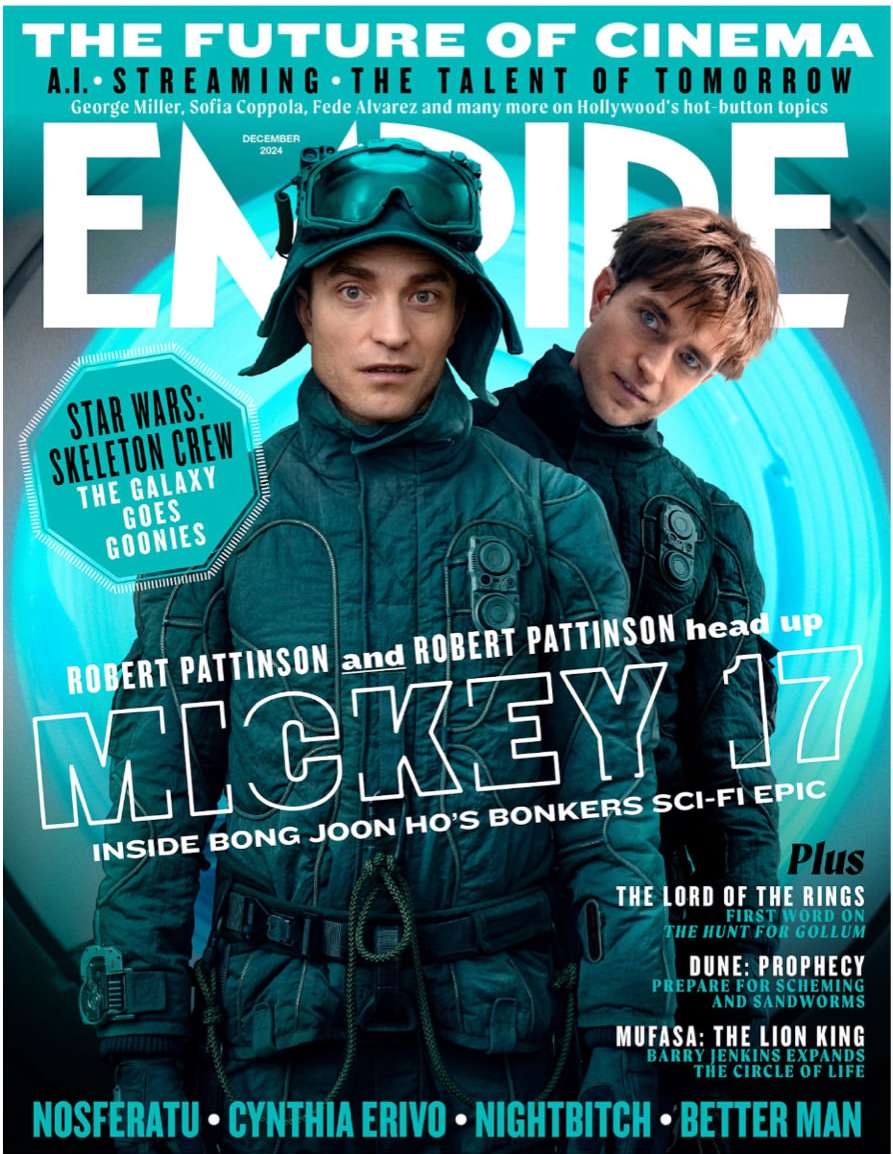 Empire magazine cover featuring Robert Pattinson and another man, promoting 'Mickey 17,' with Star Wars and Dune references.