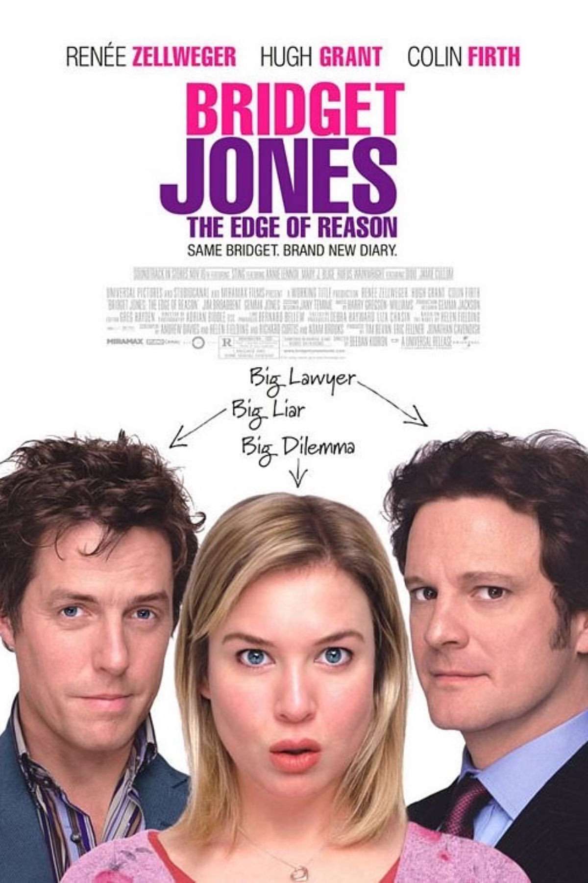 Movie poster for Bridget Jones: The Edge of Reason featuring Renée Zellweger, Hugh Grant, and Colin Firth, centered on Zellweger's expressive face.