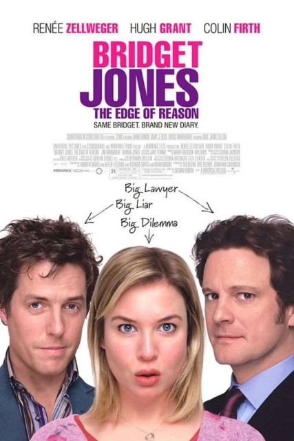 Movie poster for Bridget Jones: The Edge of Reason featuring Renée Zellweger, Hugh Grant, and Colin Firth, centered on Zellweger's expressive face.