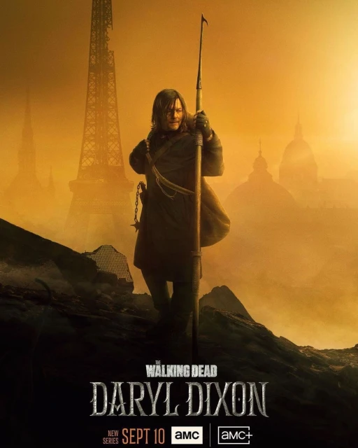 Movie poster of Daryl Dixon standing on a hill with a spear, featuring the Eiffel Tower in the background, promoting The Walking Dead.