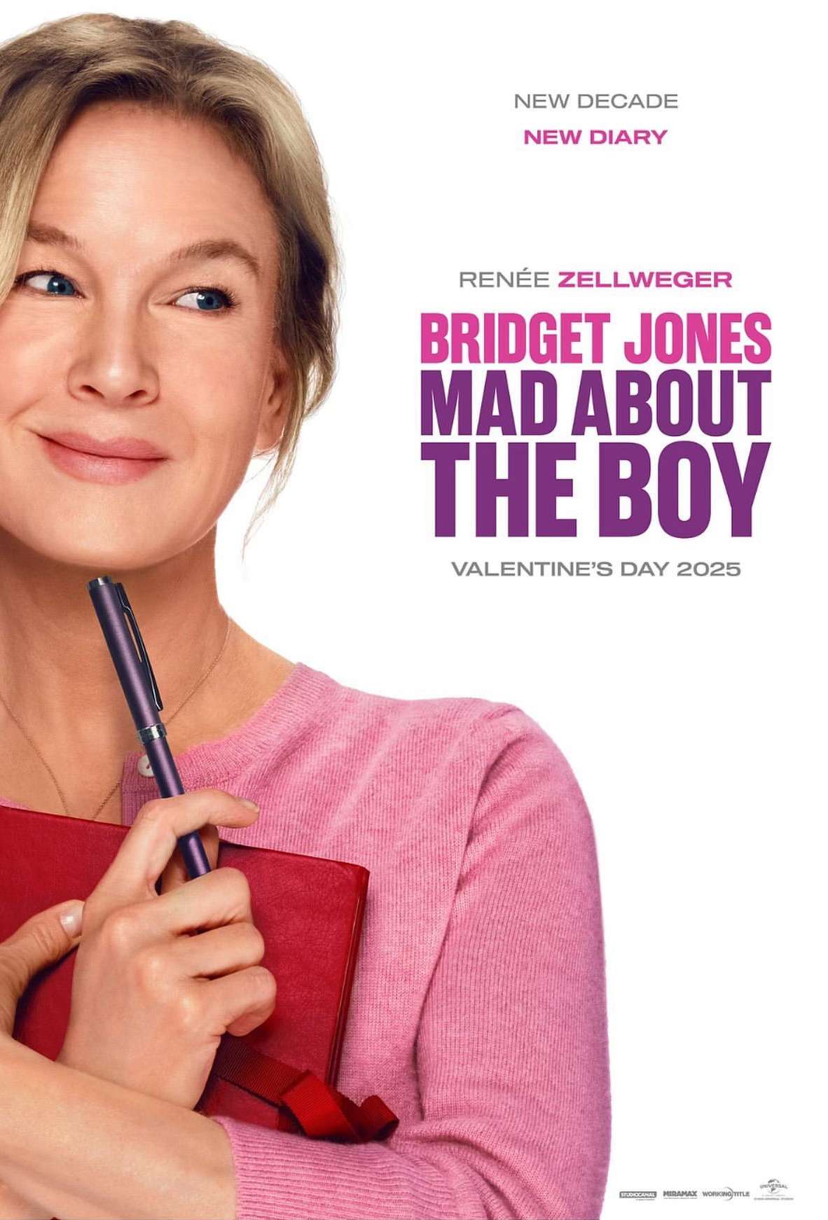 Movie poster featuring Renée Zellweger for 'Bridget Jones: Mad About the Boy.' She's holding a red diary and pen against a white backdrop.