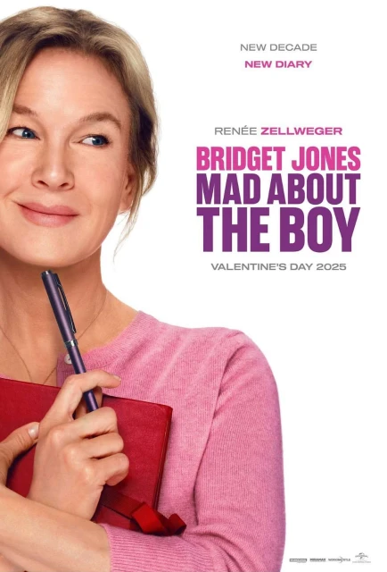 Movie poster featuring Renée Zellweger for 'Bridget Jones: Mad About the Boy.' She's holding a red diary and pen against a white backdrop.