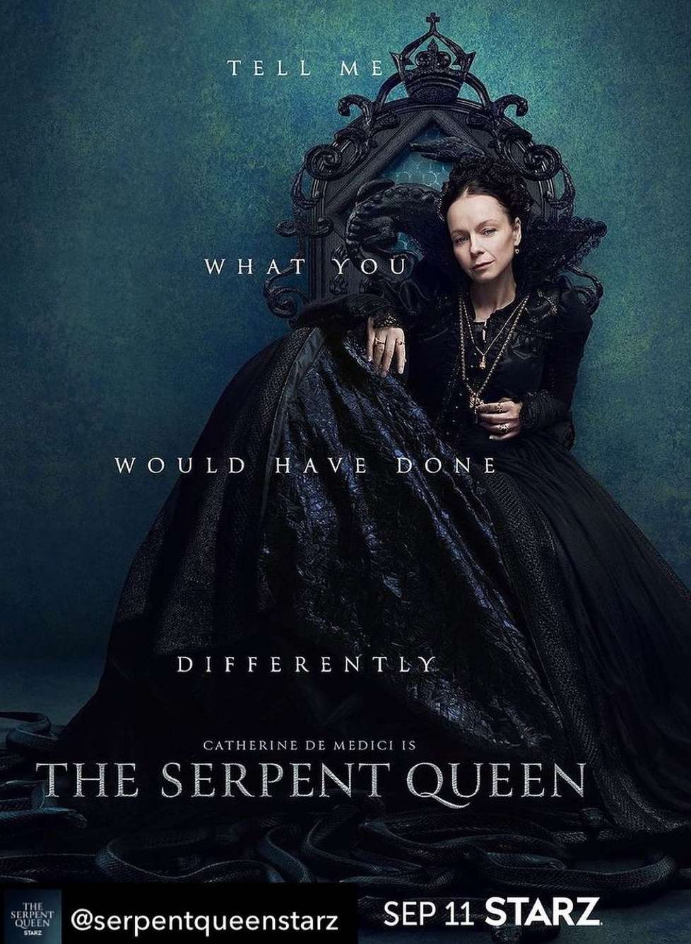 Poster for 'The Serpent Queen' featuring an adult woman in a period gown and an ornate chair against a dark blue background.