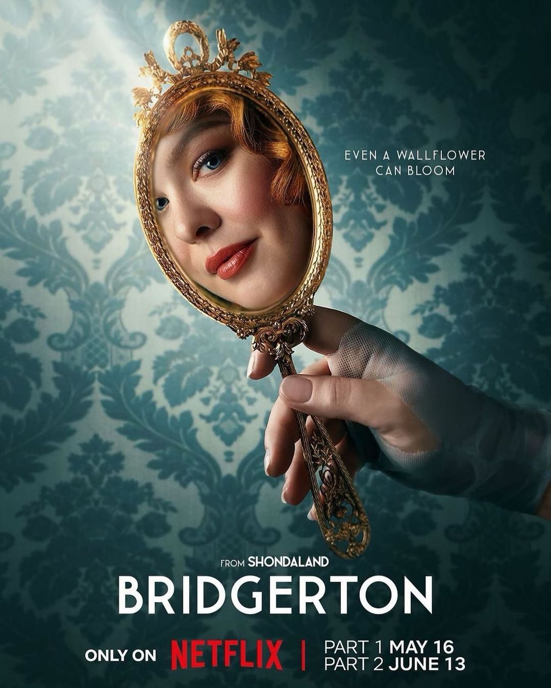 Promotional shot for the Bridgerton TV series on Netflix, featuring an adult female reflected in an ornate handheld mirror with floral wallpaper.
