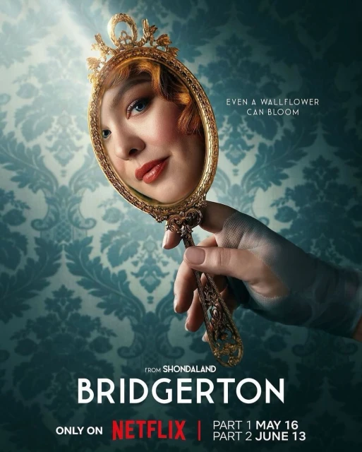 Promotional shot for the Bridgerton TV series on Netflix, featuring an adult female reflected in an ornate handheld mirror with floral wallpaper.