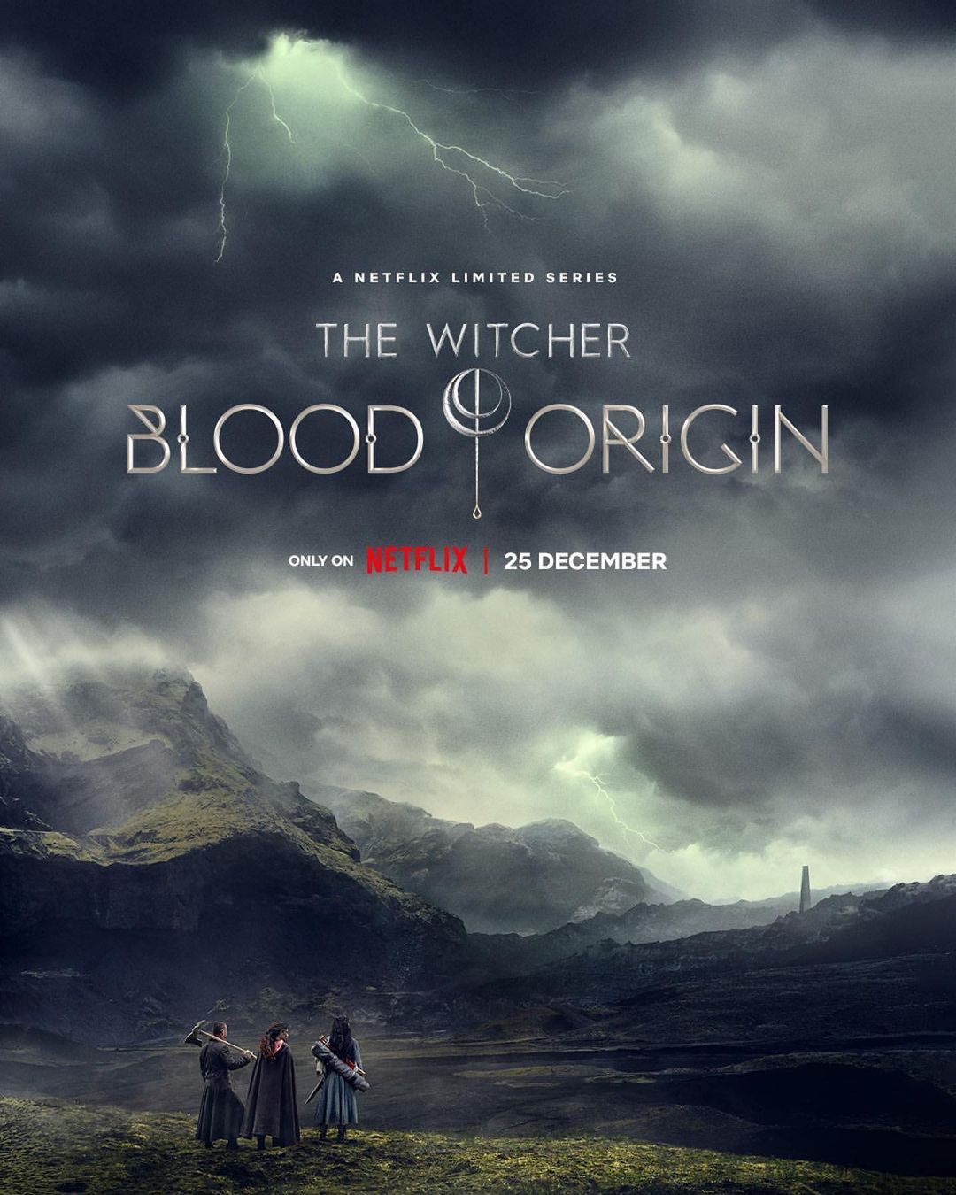 Movie poster for The Witcher: Blood Origin series featuring three figures in a landscape under a stormy sky with lightning.