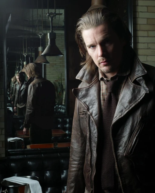 Portrait of an adult man with long hair wearing a brown leather coat in a dimly lit interior with mirrors and vintage decor.