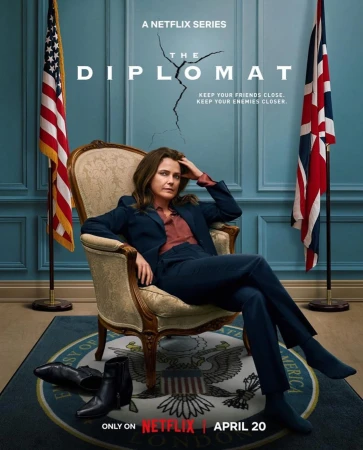 Poster for The Diplomat featuring a woman in a navy suit sitting in a chair with the United States and British flags in the background.