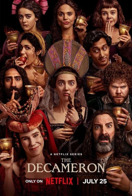 Promotional poster for Netflix's "The Decameron" features a group of costumed actors holding goblets against a dark background.