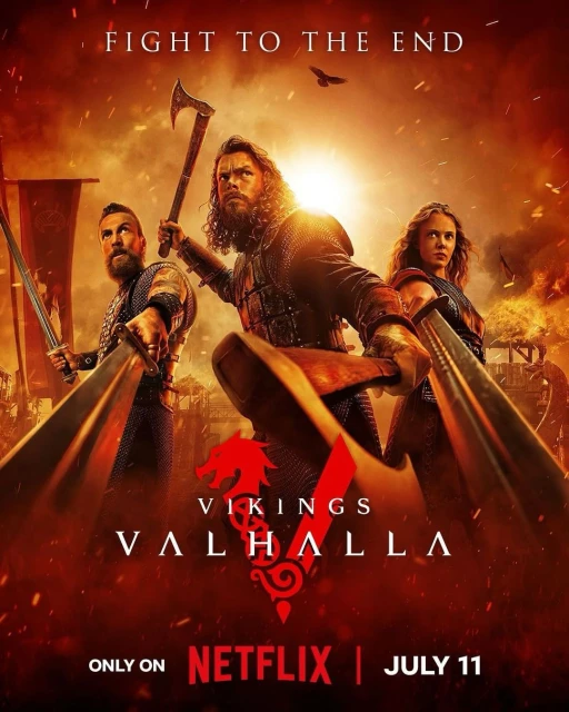 Movie poster for Vikings: Valhalla featuring three warriors in battle gear wielding weapons against a fiery, orange background.