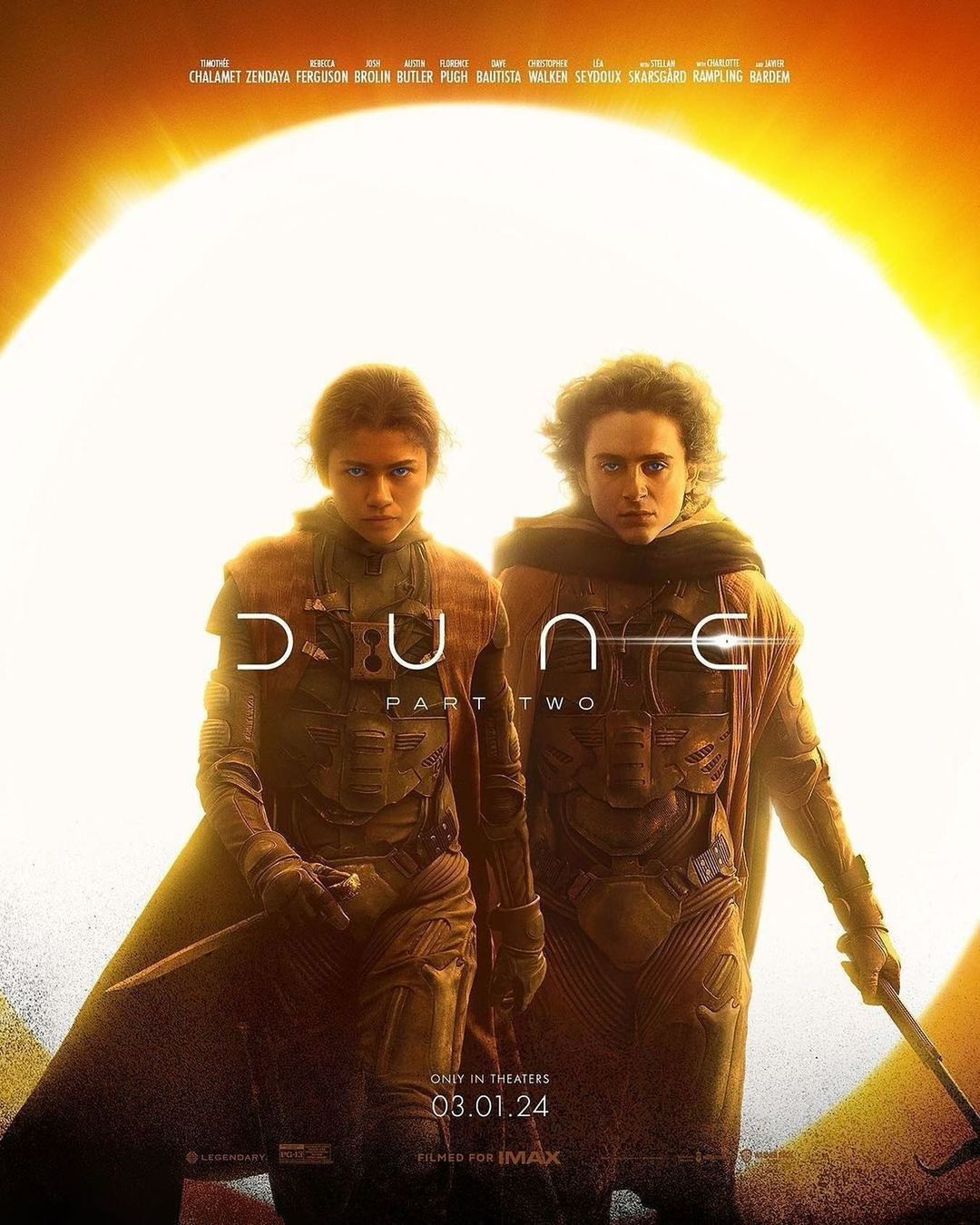 Movie poster featuring Zendaya and Timothée Chalamet for 'Dune: Part Two'. Warm light, sand-colored costumes, and desert backdrop create a cinematic feel.