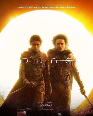 Movie poster featuring Zendaya and Timothée Chalamet for 'Dune: Part Two'. Warm light, sand-colored costumes, and desert backdrop create a cinematic feel.