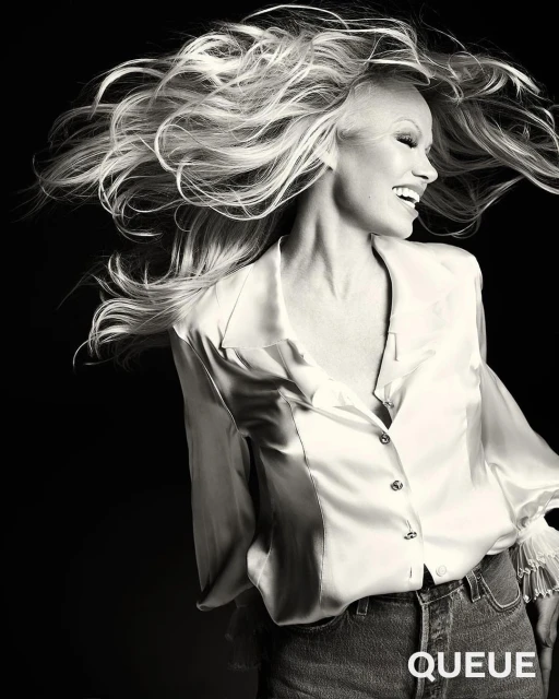 Black-and-white portrait of a smiling woman with long, flowing blonde hair, wearing an unbuttoned satin blouse and jeans.