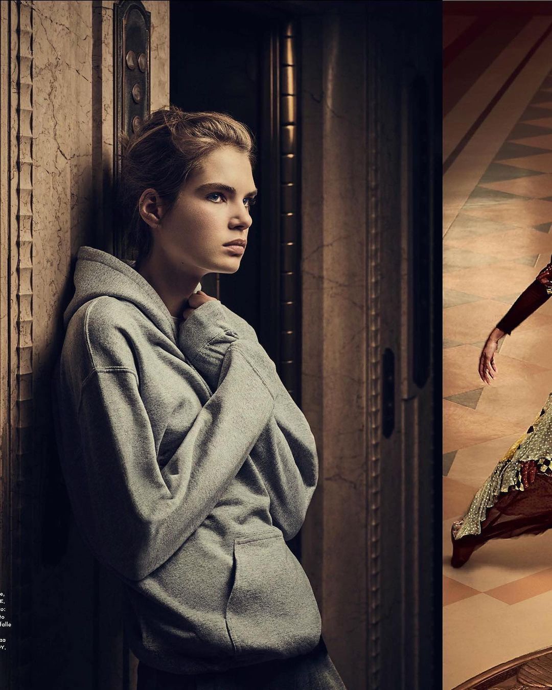 Portrait of a young adult female in a grey hoodie leaning against a marble doorway, looking left with a neutral expression in soft light.