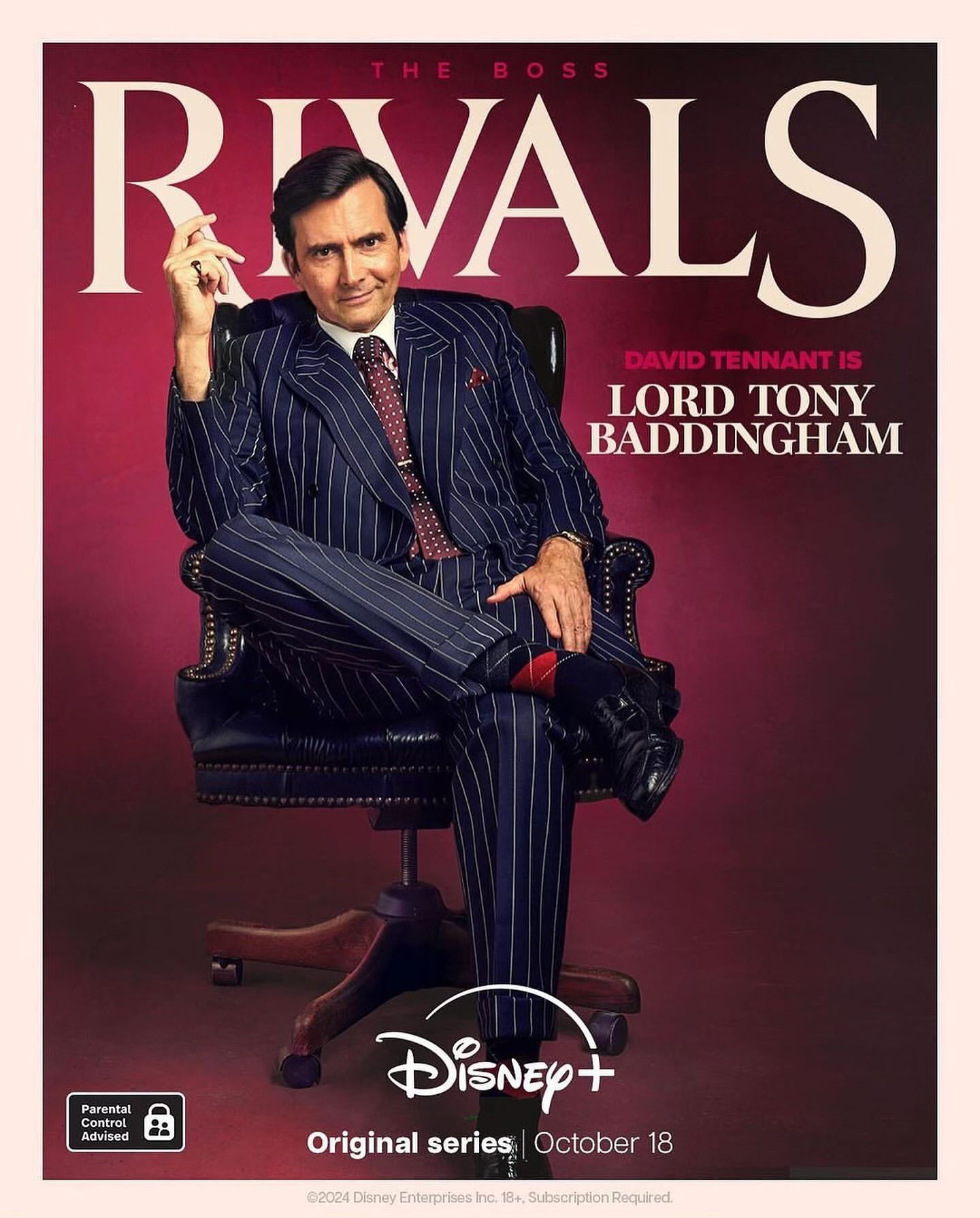 Poster for Rivals on Disney+ featuring David Tennant as Lord Tony Baddingham, wearing a pinstripe suit and sitting in a leather chair.
