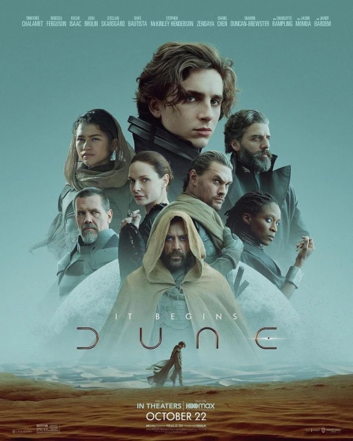 Dune movie poster featuring Timothée Chalamet, Zendaya, and ensemble cast against a desert and misty sky backdrop for the film's release.