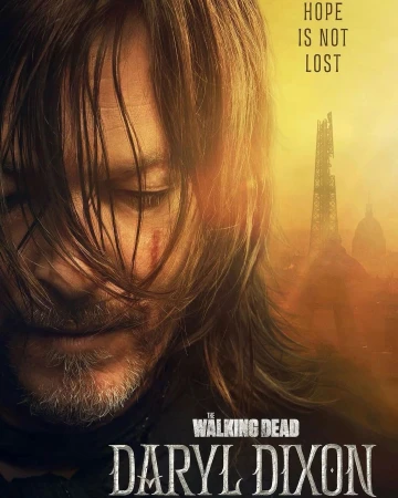 Close-up of Norman Reedus as Daryl Dixon against a post-apocalyptic backdrop, promoting 'The Walking Dead: Daryl Dixon' series.