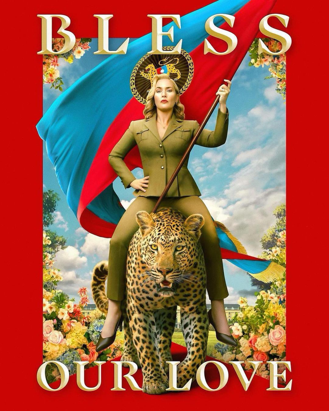 Illustration of a woman in olive suit on a cheetah, holding a flag. Decorative flowers and a red frame add to the visual.