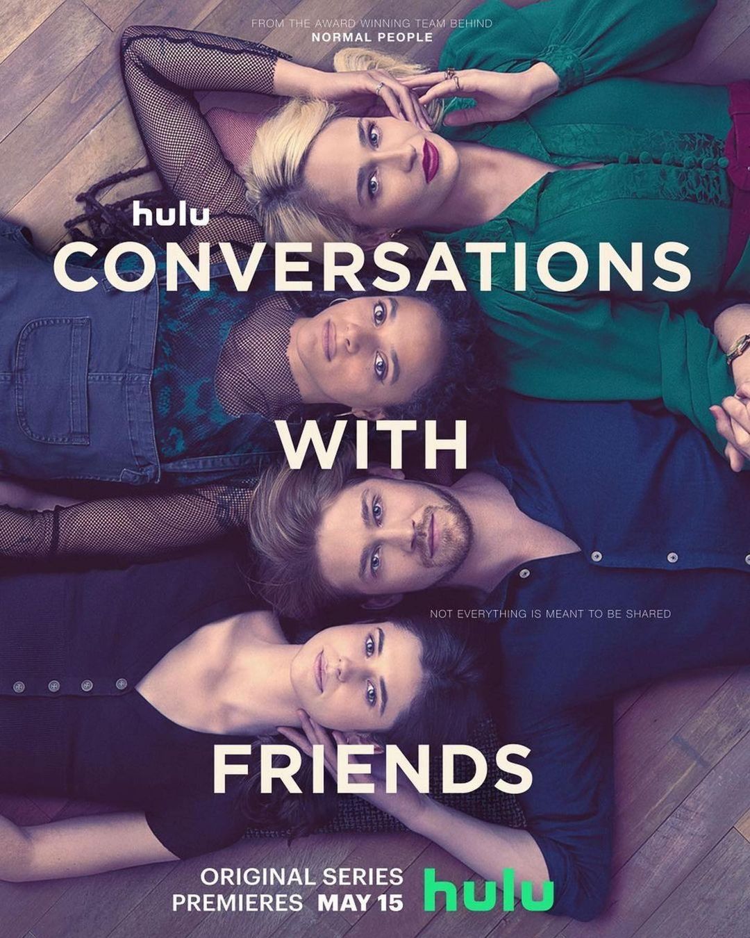 Hulu's Conversations With Friends promo features four young adults lying down, heads together, promoting the show based on Sally Rooney's novel.