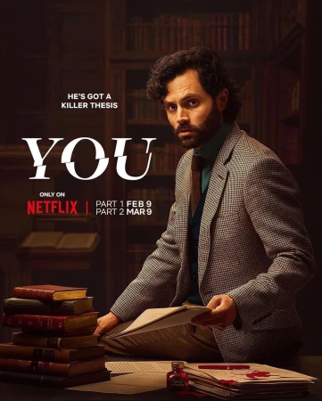 Poster for the TV series 'You' featuring Penn Badgley with books and papers in a dark academic setting, promoting the show on Netflix.