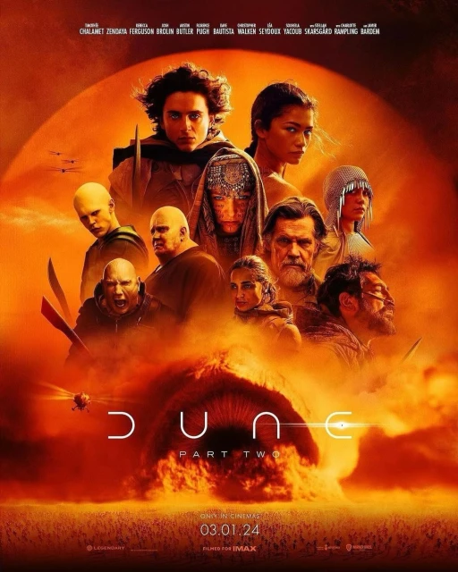 Movie poster for Dune: Part Two. Features cast members Timothée Chalamet, Zendaya, and others, set against an orange-toned desert backdrop.