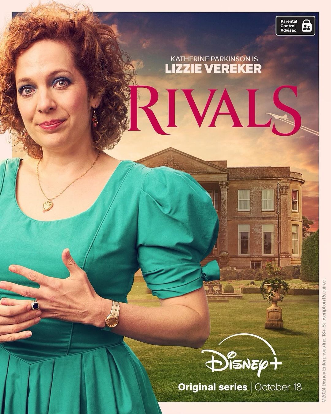 Promotional image for Disney+'s 'Rivals' featuring Katherine Parkinson as Lizzie Vereker, set against a mansion backdrop and sky.