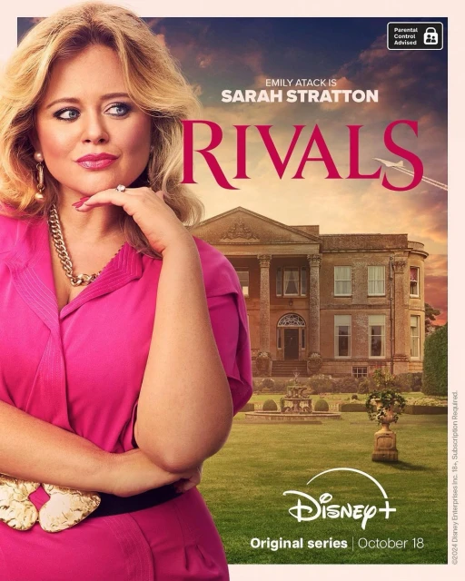 Portrait of Sarah Stratton from 'Rivals' in a pink outfit in front of a mansion, Disney+ original series, with an airplane flying above.