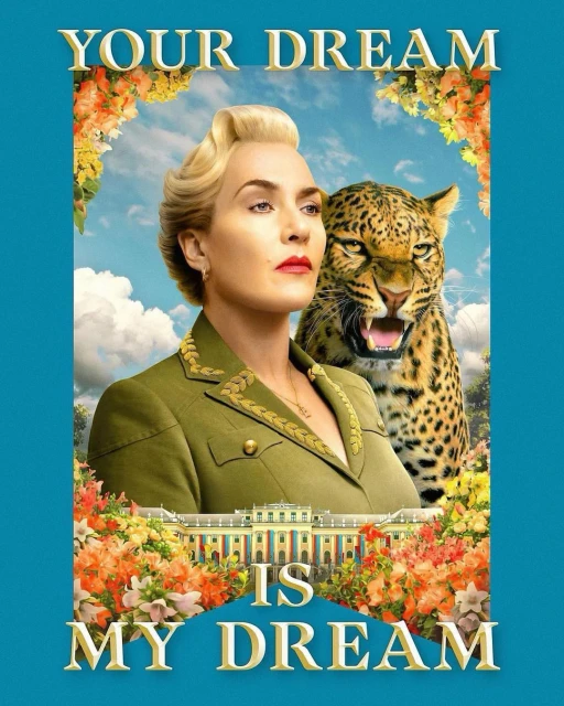 An adult female in a military style jacket poses with a jaguar, building and floral decorations set against a blue sky backdrop.