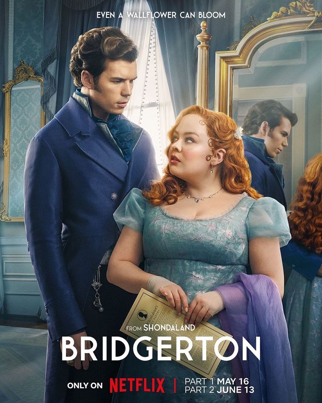 Promotional poster for Bridgerton Season 3, featuring two adult figures in period clothing, with the title and series information visible.