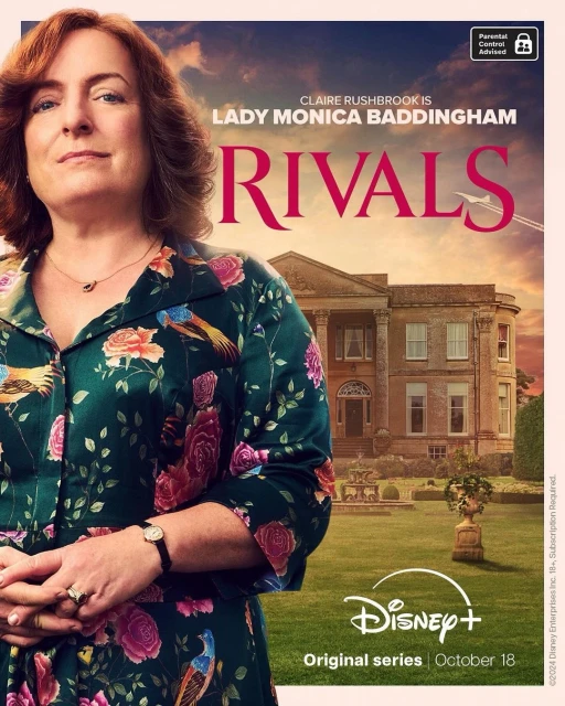 Promotional image for the TV series 'Rivals' features Claire Rushbrook as Lady Monica Baddingham. The image shows the actor in front of a stately home.